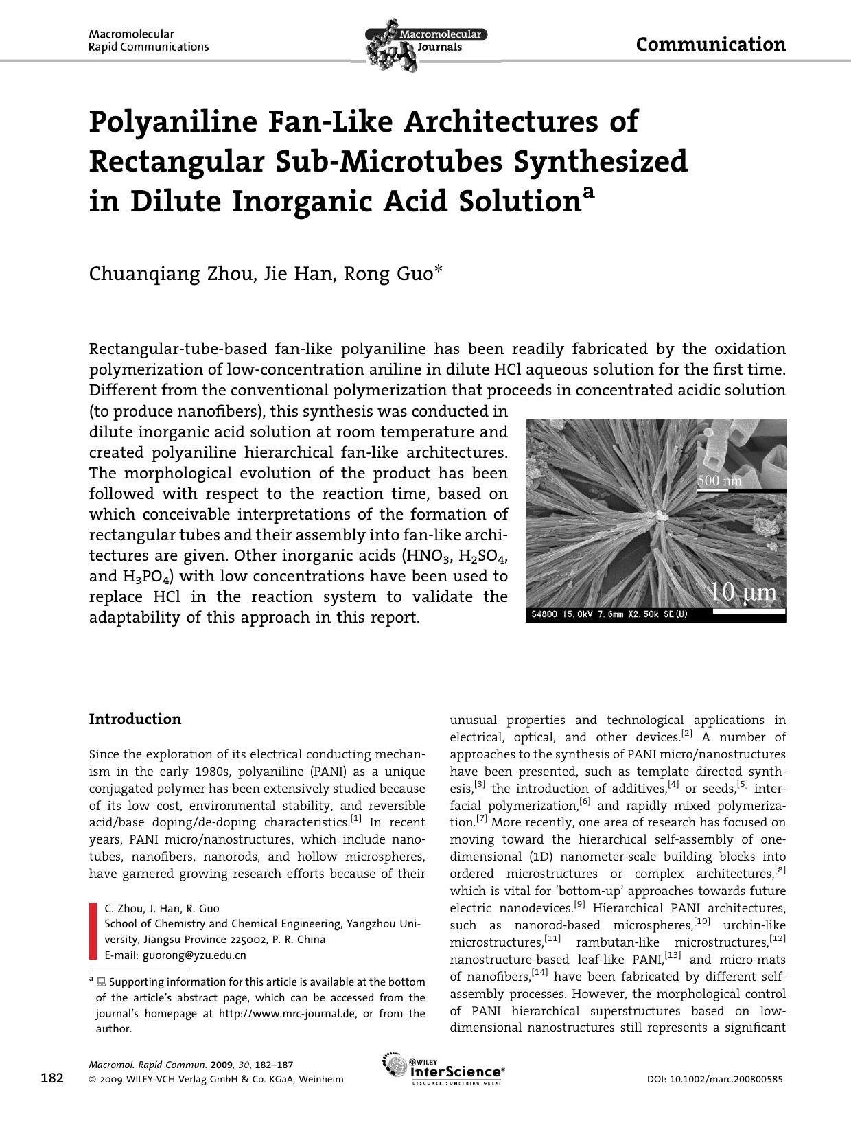 Polyaniline Fan-Like Architectures of Rectangular Sub-Microtubes Synthesized in Dilute Inorganic Acid Solution by Unknown