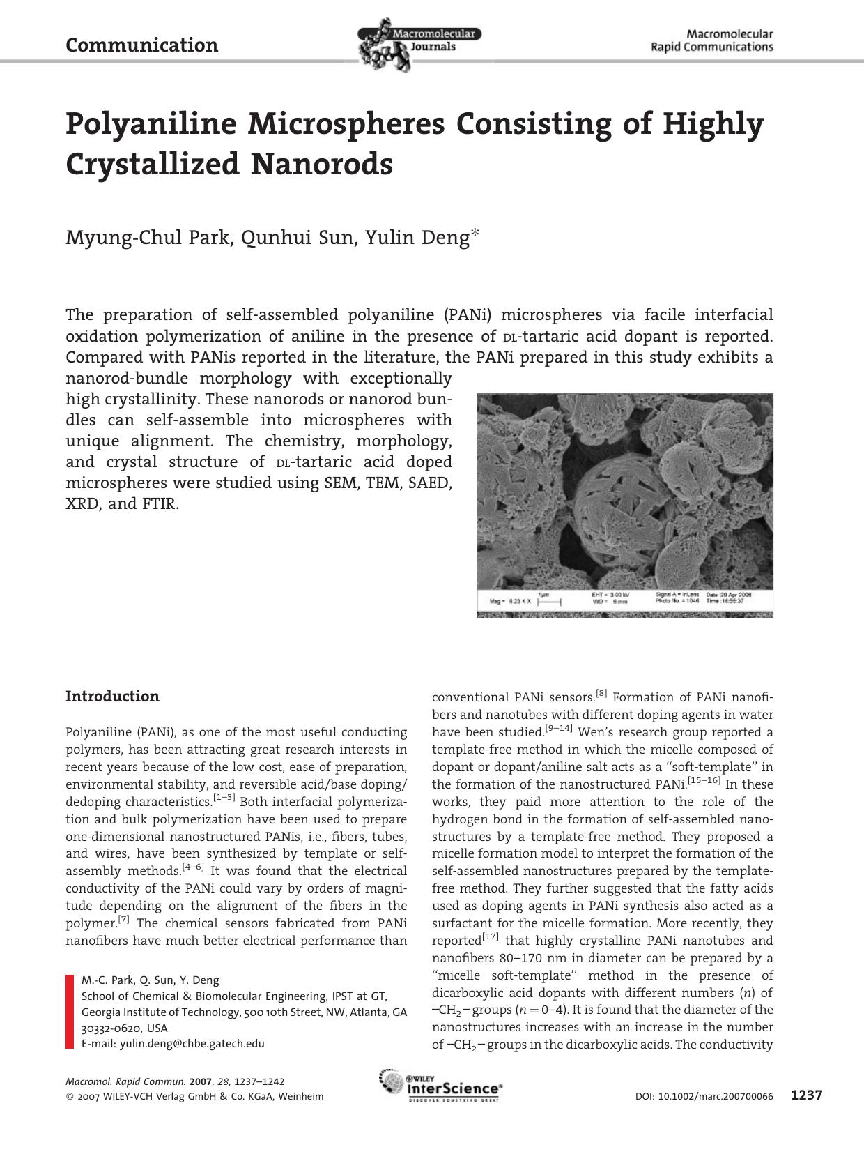 Polyaniline Microspheres Consisting of Highly Crystallized Nanorods by Unknown