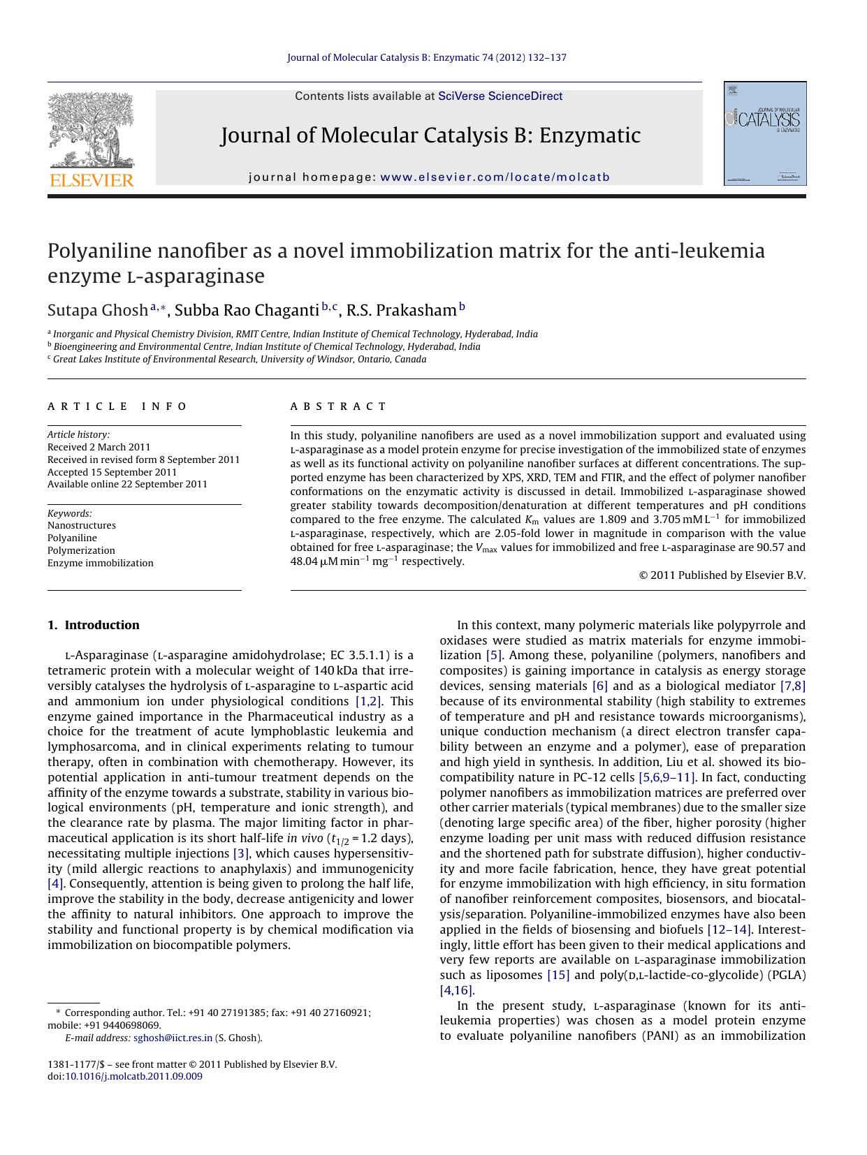 Polyaniline nanofiber as a novel immobilization matrix for the anti-leukemia enzyme l-asparaginase by Sutapa Ghosh