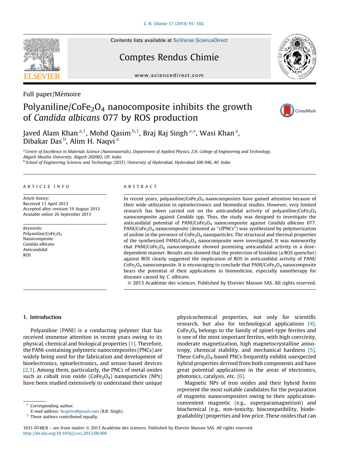 PolyanilineCoFe2O4 nanocomposite inhibits the growth of Candida albicans 077 by ROS production by Javed Alam Khan & Mohd Qasim & Braj Raj Singh & Wasi Khan & Dibakar Das & Alim H. Naqvi