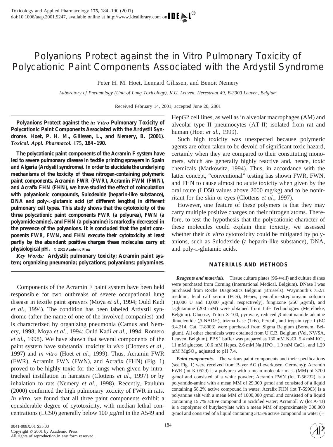 Polyanions Protect against the in Vitro Pulmonary Toxicity of Polycationic Paint Components Associated with the Ardystil Syndrome by Hoet P. H. M. et al