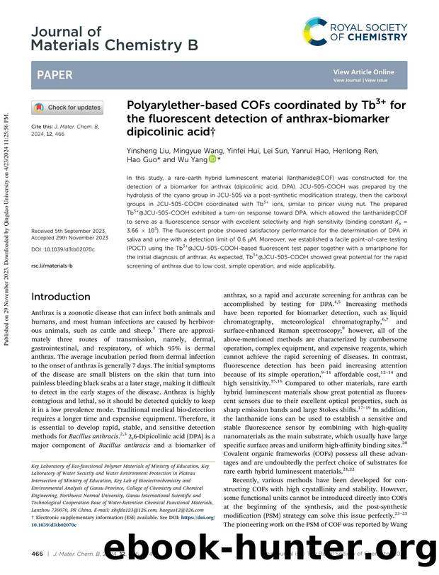 Polyarylether-based COFs coordinated by Tb3+ for the fluorescent detection of anthrax-biomarker dipicolinic acid by Yinsheng Liu & Mingyue Wang & Yinfei Hui & Lei Sun & Yanrui Hao & Henlong Ren & Hao Guo & Wu Yang