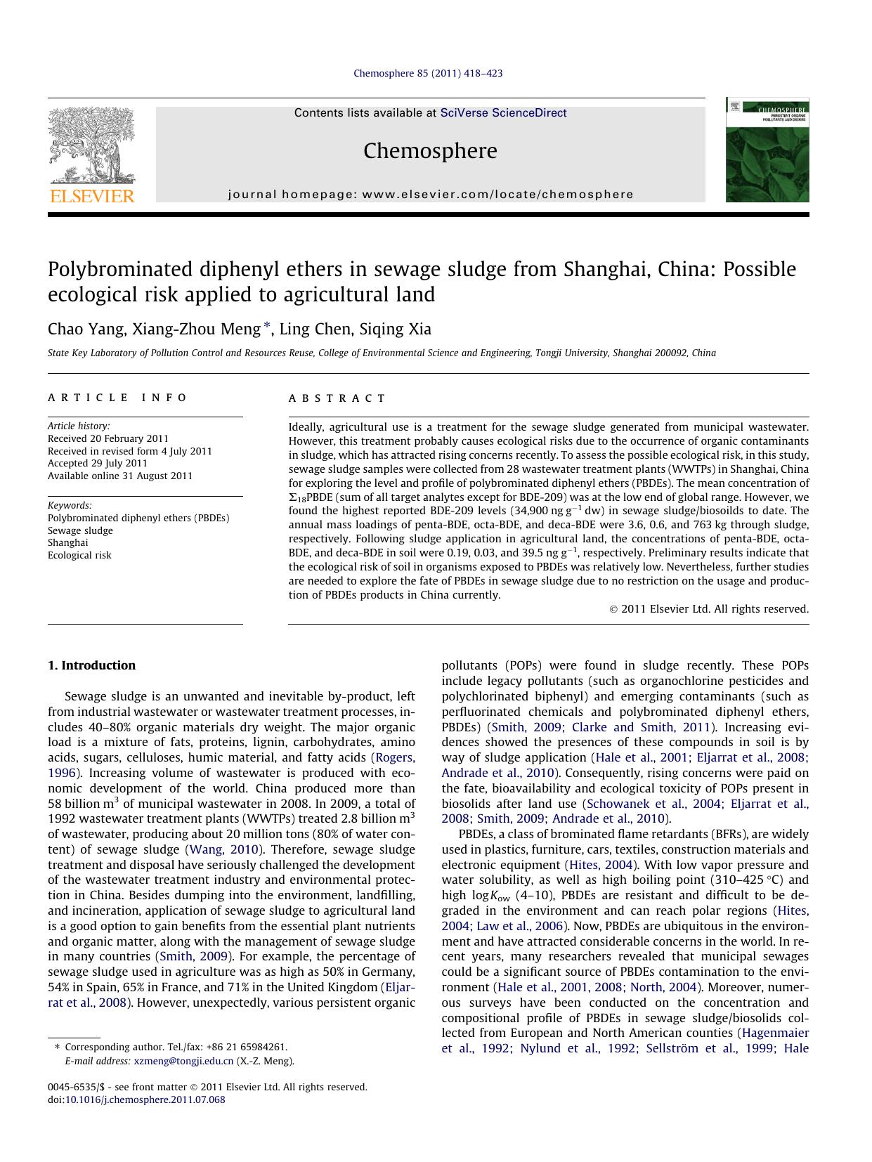 Polybrominated diphenyl ethers in sewage sludge from Shanghai, China: Possible ecological risk applied to agricultural land by Chao Yang & Xiang-Zhou Meng & Ling Chen & Siqing Xia