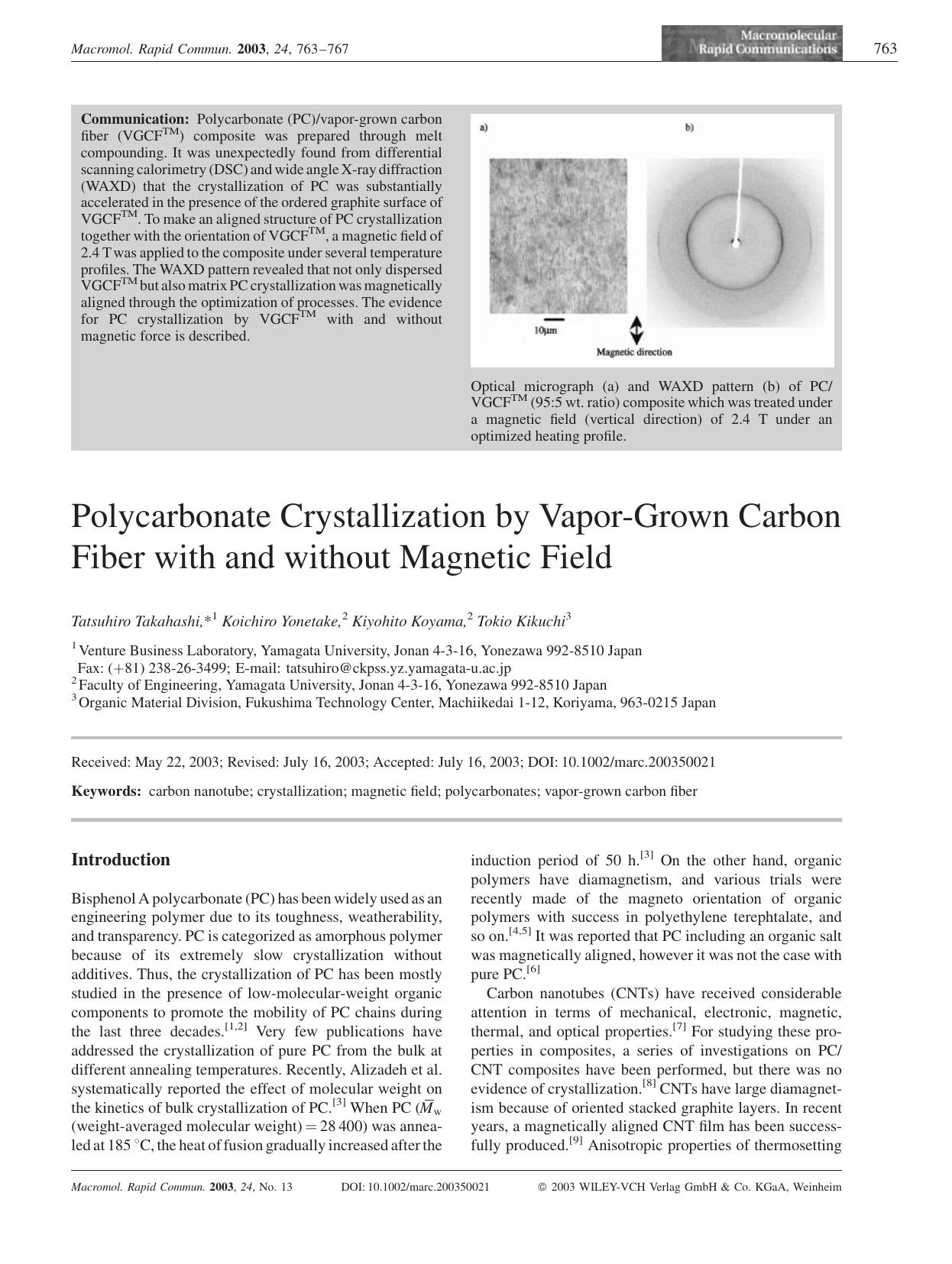 Polycarbonate Crystallization by Vapor-Grown Carbon Fiber with and without Magnetic Field by Unknown