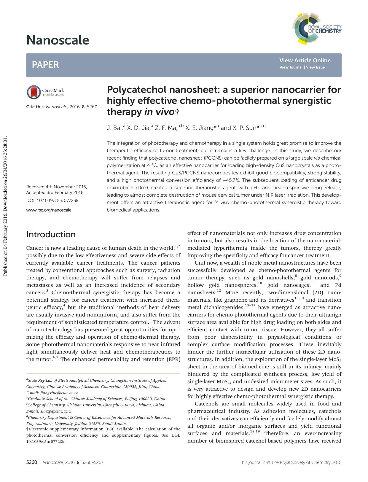 Polycatechol nanosheet: a superior nanocarrier for highly effective chemo-photothermal synergistic therapy in vivo by J. Bai X. D. Jia Z. F. Ma X. E. Jiang X. P. Sun
