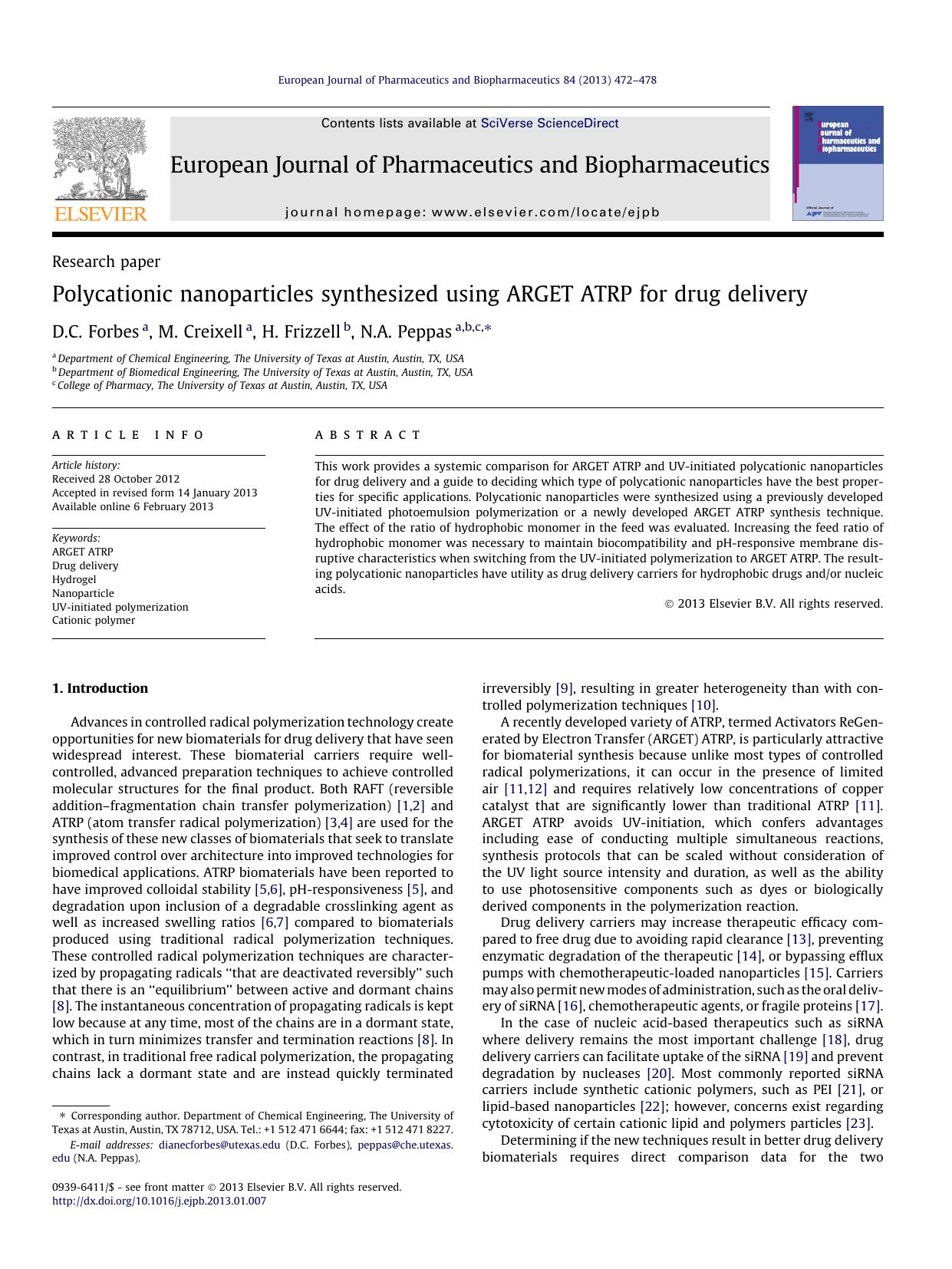 Polycationic nanoparticles synthesized using ARGET ATRP for drug delivery by D.C. Forbes & M. Creixell & H. Frizzell & N.A. Peppas