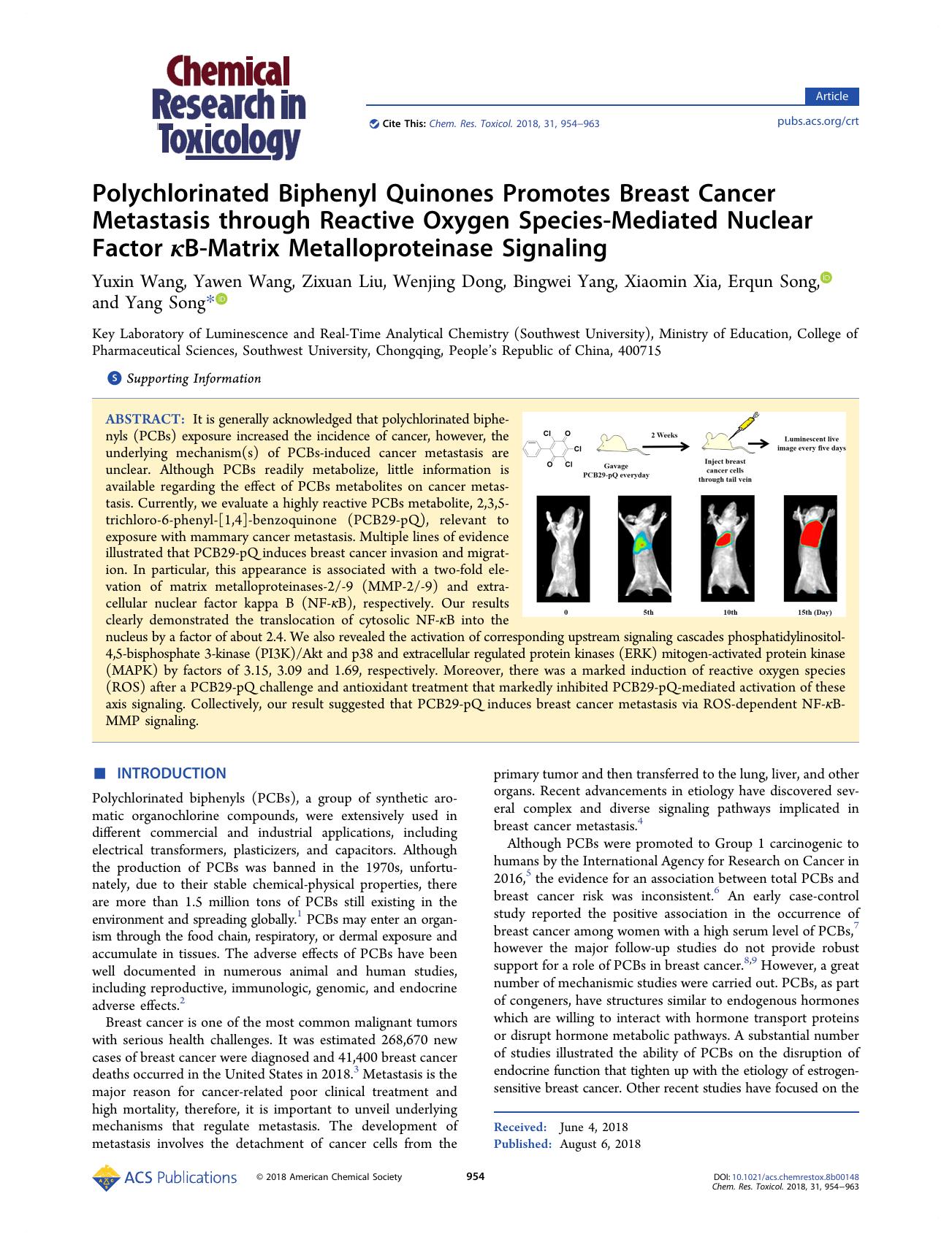Polychlorinated Biphenyl Quinones Promotes Breast Cancer Metastasis through Reactive Oxygen Species-Mediated Nuclear Factor ÎºB-Matrix Metalloproteinase Signaling by unknow
