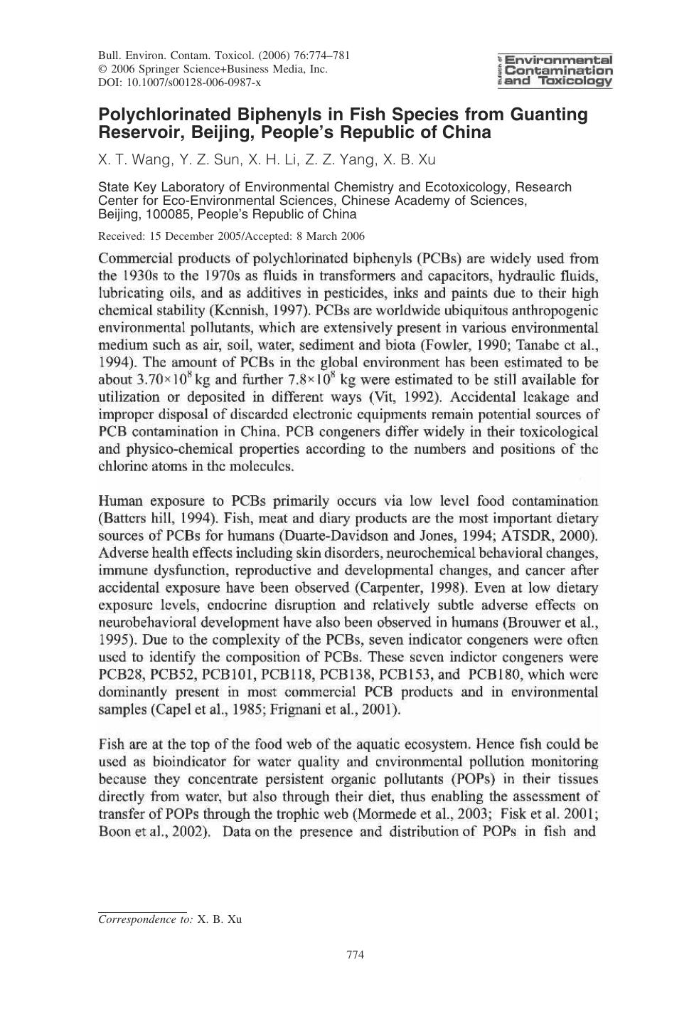 Polychlorinated Biphenyls in Fish Species from Guanting Reservoir, Beijing, Peopleâs Republic of China by Wang X. T. et al