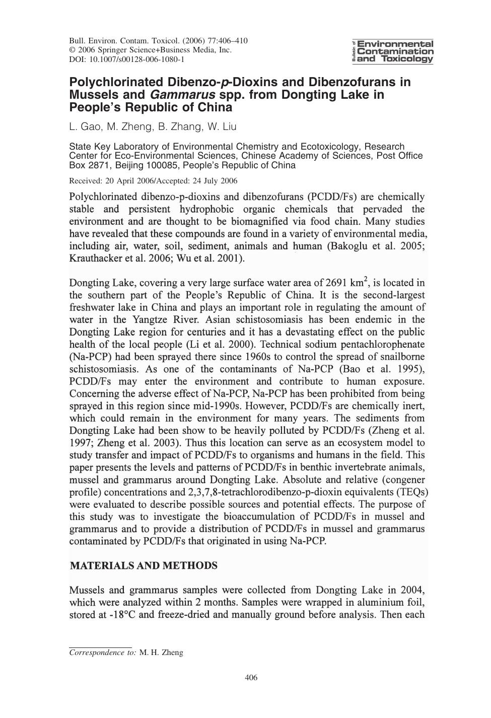 Polychlorinated Dibenzo-p-Dioxins and Dibenzofurans in Mussels and Gammarus spp. from Dongting Lake in Peopleâs Republic of China by Gao & L. & et al