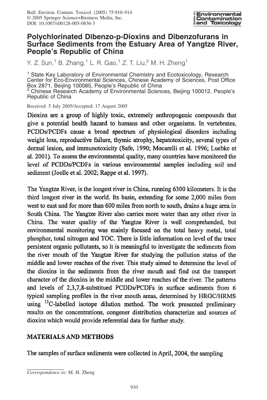 Polychlorinated Dibenzo-p-Dioxins and Dibenzofurans in Surface Sediments from the Estuary Area of Yangtze River, Peopleâs Republic of China by Sun Y. Z. et al