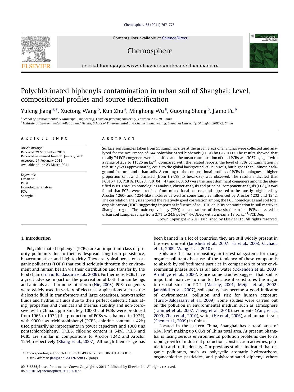 Polychlorinated biphenyls contamination in urban soil of Shanghai: Level, compositional profiles and source identification by Yufeng Jiang & Xuetong Wang & Kun Zhu & Minghong Wu & Guoying Sheng & Jiamo Fu