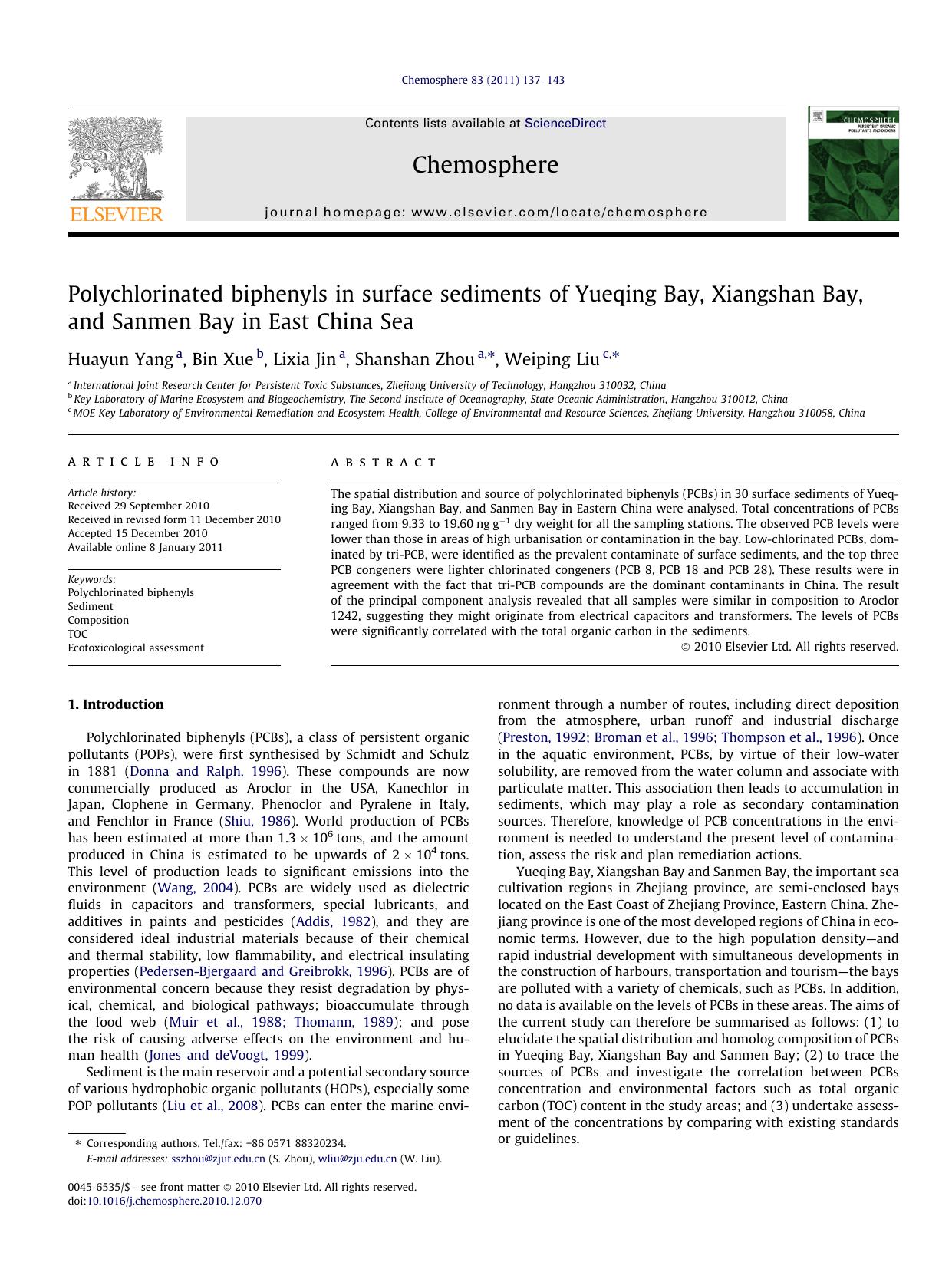 Polychlorinated biphenyls in surface sediments of Yueqing Bay, Xiangshan Bay, and Sanmen Bay in East China Sea by Huayun Yang & Bin Xue & Lixia Jin & Shanshan Zhou & Weiping Liu