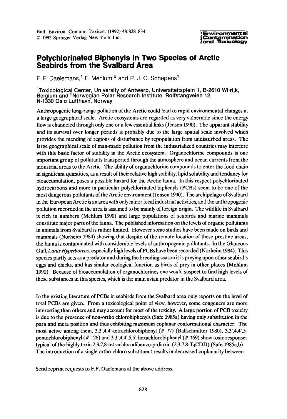 Polychlorinated biphenyls in two species of arctic seabirds from the Svalbard area by Unknown