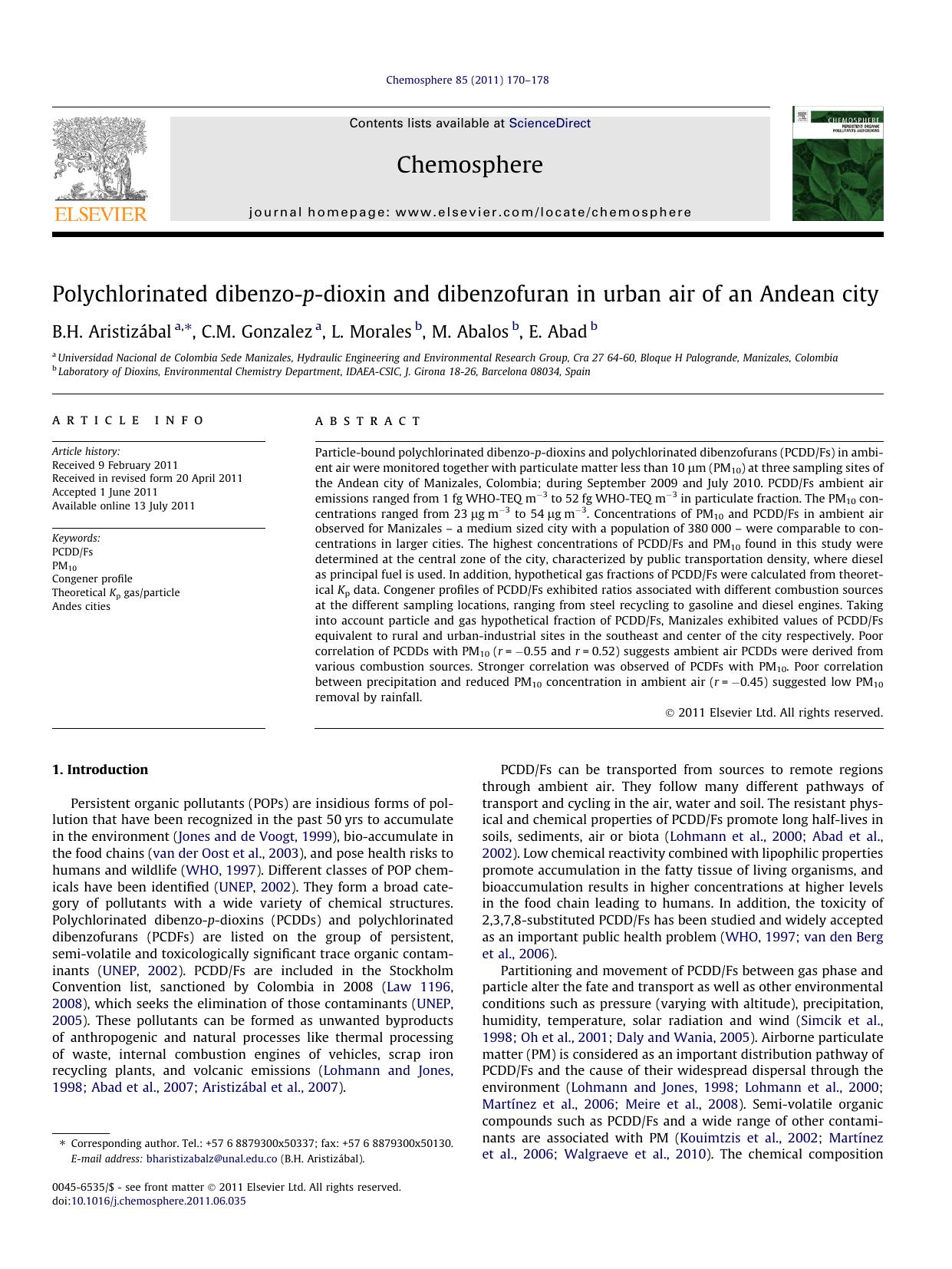 Polychlorinated dibenzo-p-dioxin and dibenzofuran in urban air of an Andean city by B.H. AristizÃ¡bal & C.M. Gonzalez & L. Morales & M. Abalos & E. Abad