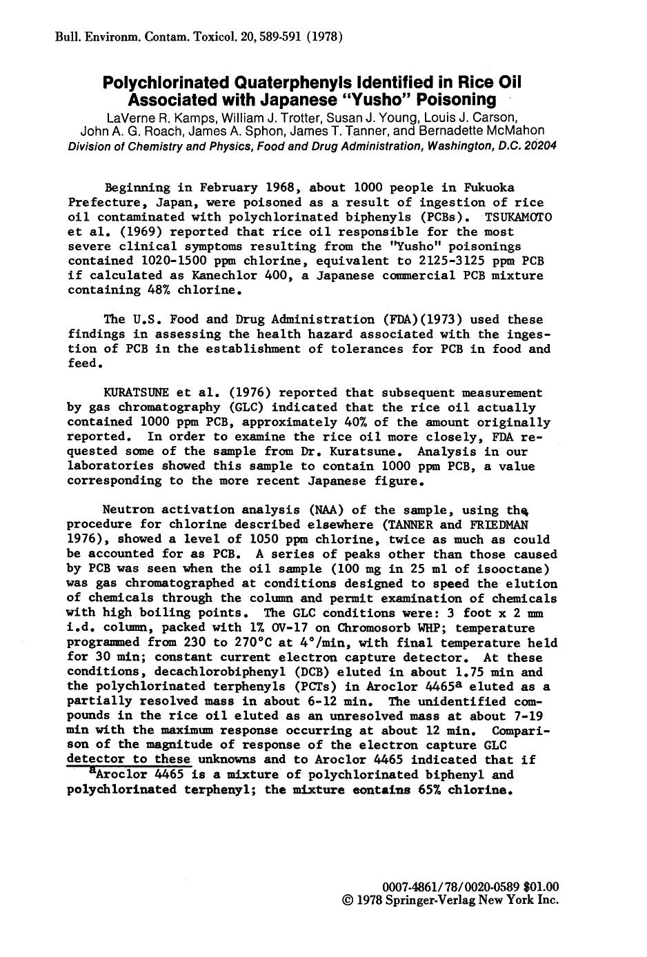 Polychlorinated quaterphenyls identified in rice oil associated with Japanese “Yusho” poisoning by Unknown