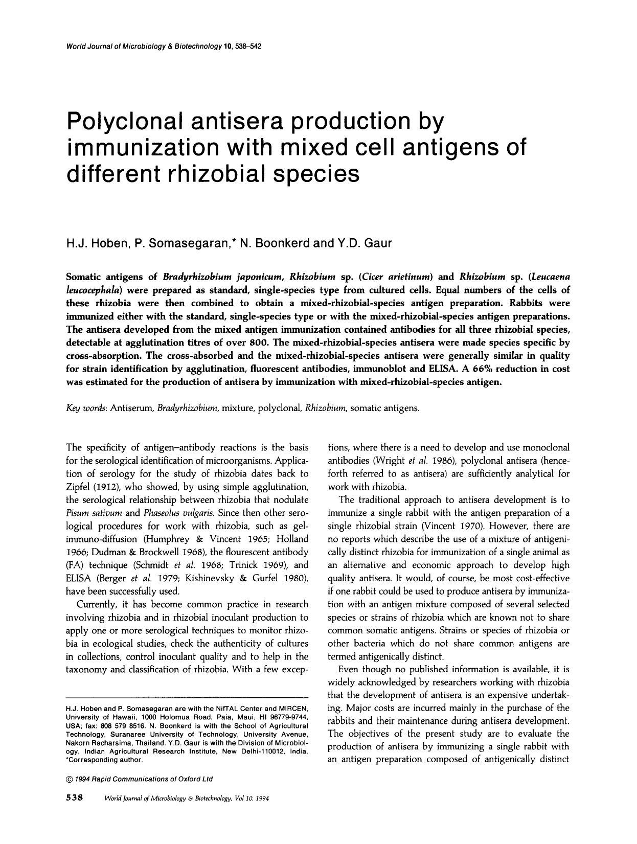 Polyclonal antisera production by immunization with mixed cell antigens of different rhizobial species by Unknown