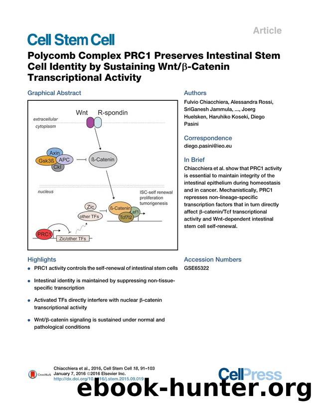 Polycomb Complex PRC1 Preserves Intestinal Stem Cell Identity by Sustaining Wntβ-Catenin Transcriptional Activity by unknow