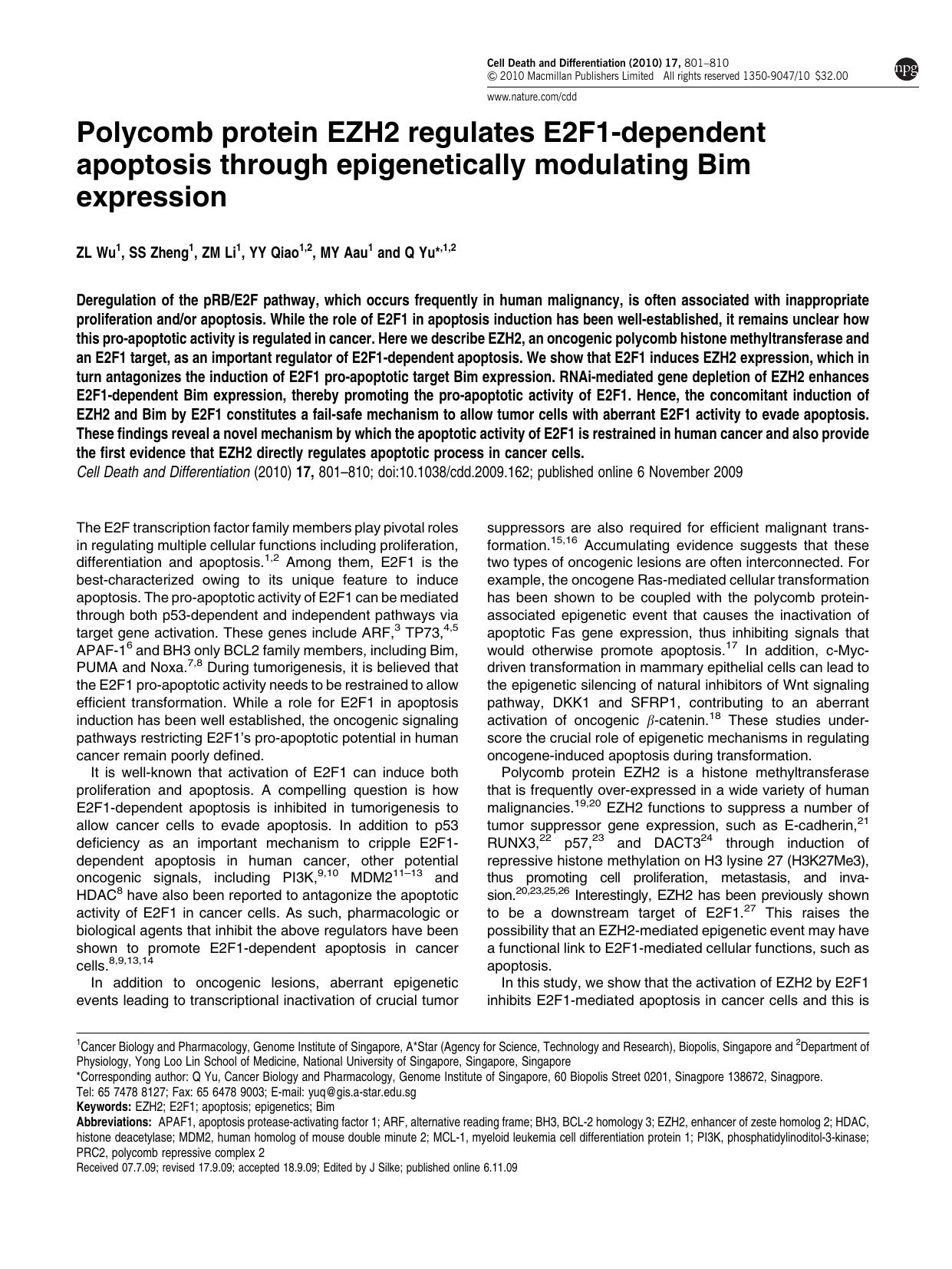 Polycomb protein EZH2 regulates E2F1-dependent apoptosis through epigenetically modulating Bim expression by Z L Wu & S S Zheng & Z M Li & Y Y Qiao & M Y Aau & Q Yu
