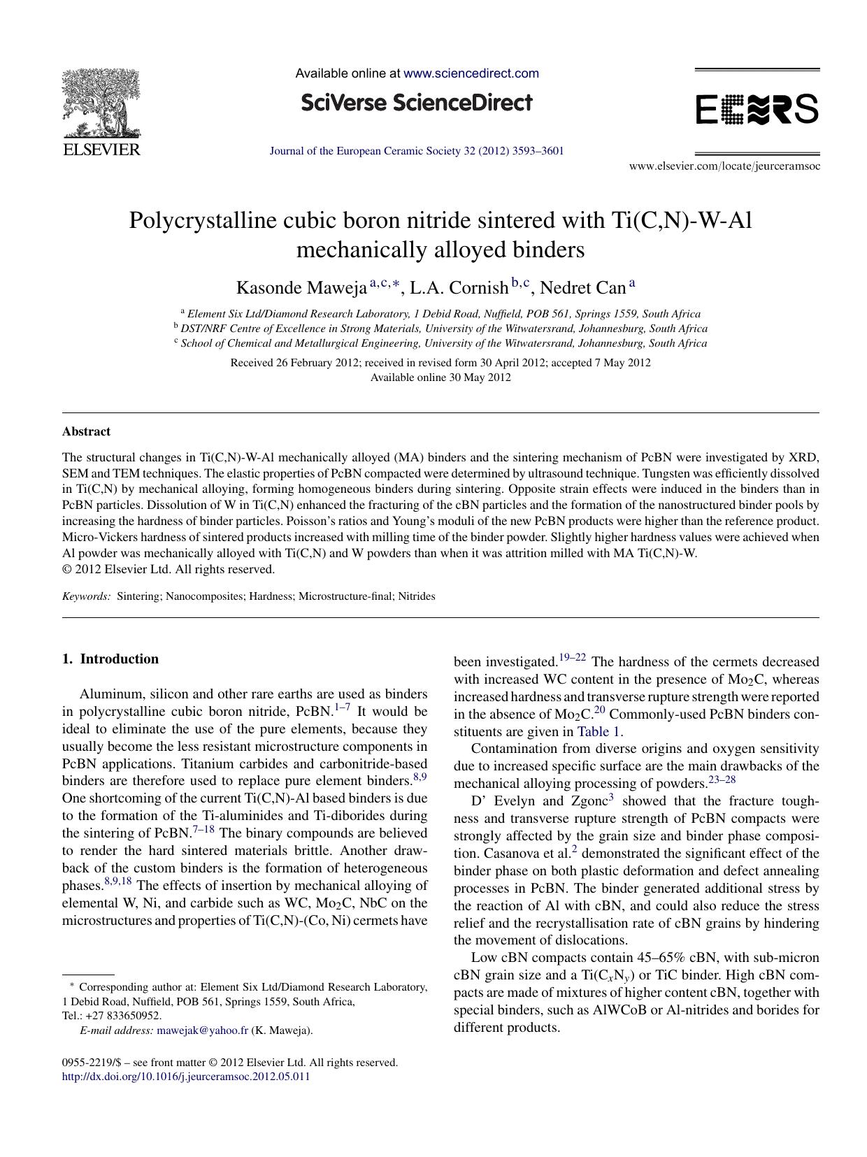 Polycrystalline cubic boron nitride sintered with Ti(C,N)-W-Al mechanically alloyed binders by Kasonde Maweja
