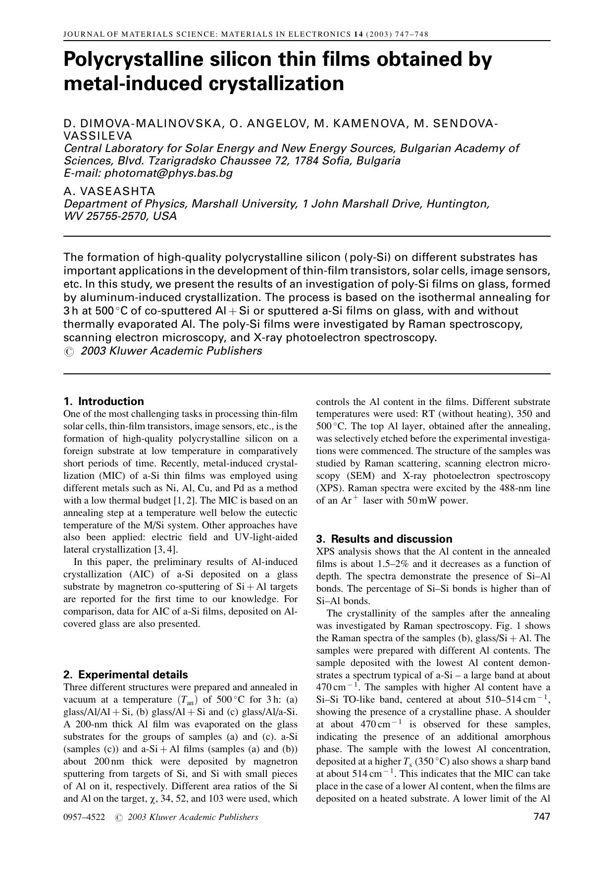 Polycrystalline silicon thin films obtained by metal-induced crystallization by Unknown