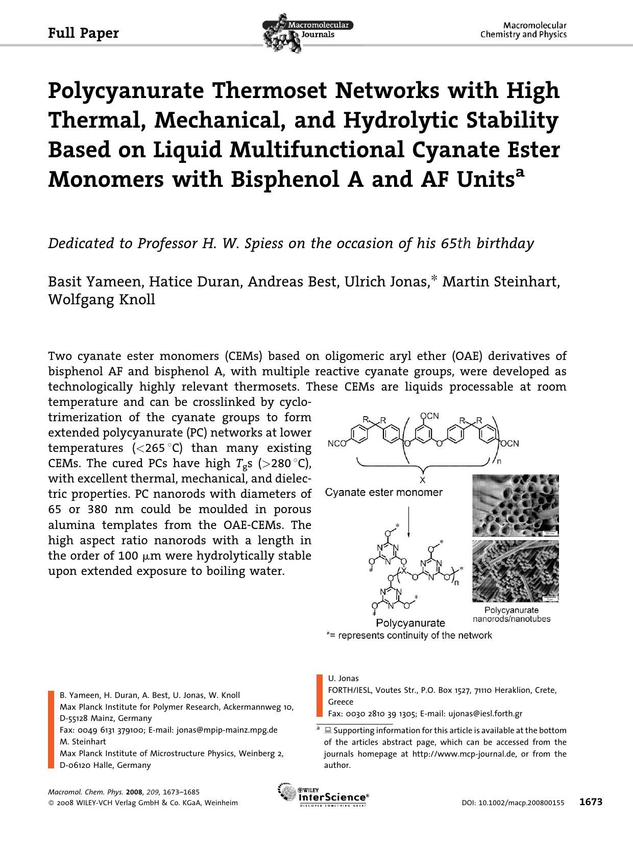 Polycyanurate Thermoset Networks with High Thermal, Mechanical, and Hydrolytic Stability Based on Liquid Multifunctional Cyanate Ester Monomers with Bisphenol A and AF Units by Unknown