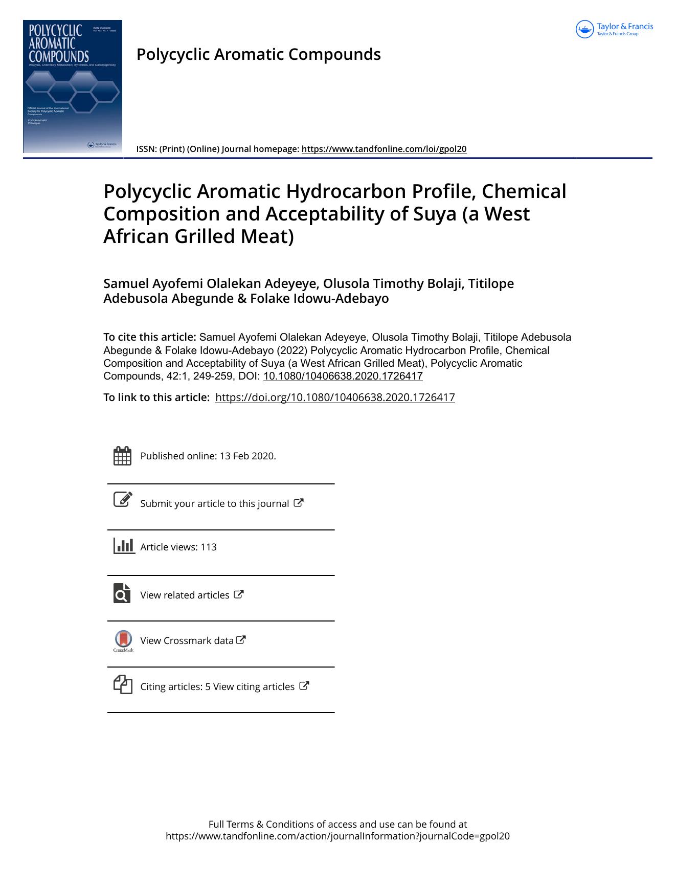 Polycyclic Aromatic Hydrocarbon Profile, Chemical Composition and Acceptability of Suya (a West African Grilled Meat) by unknow