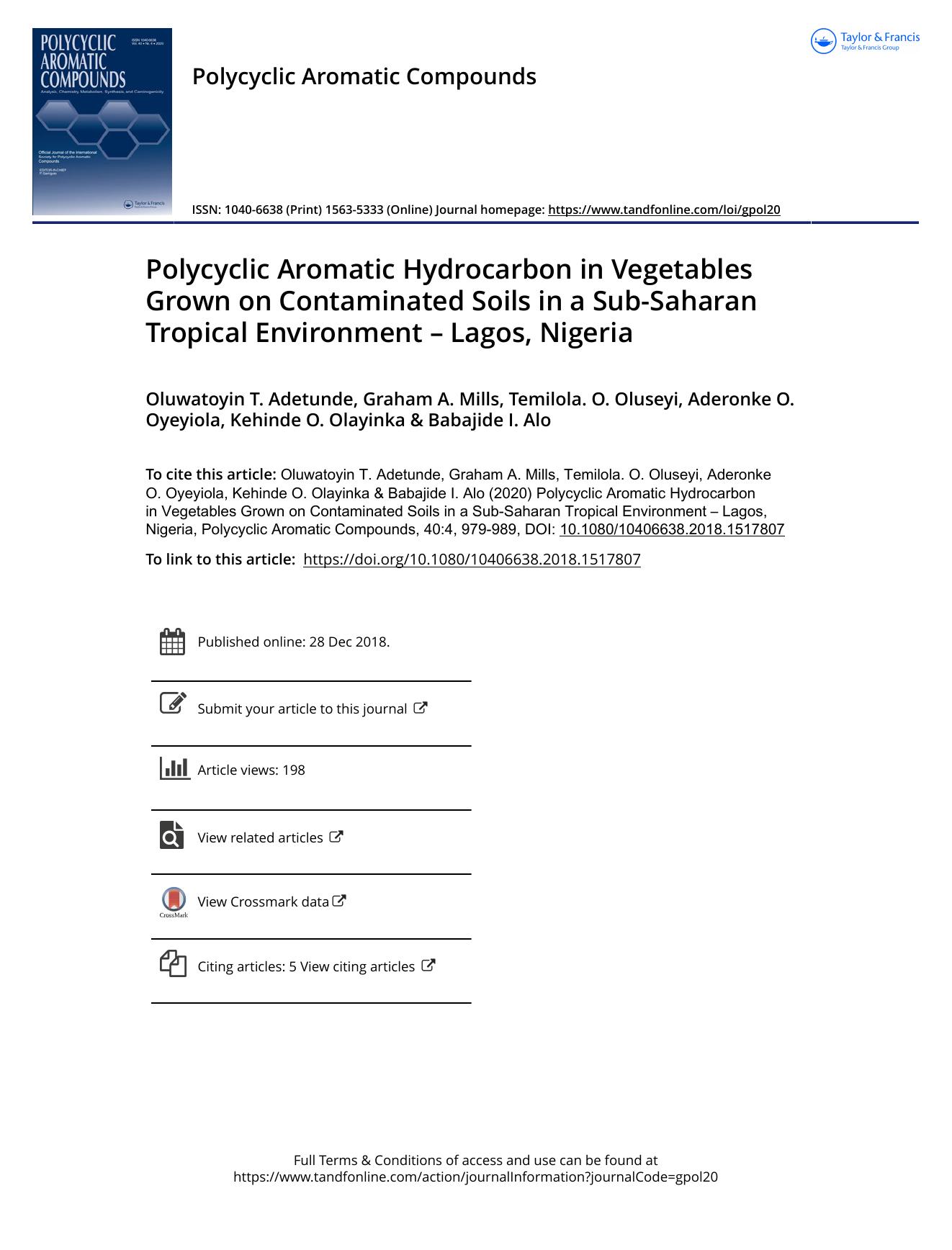 Polycyclic Aromatic Hydrocarbon in Vegetables Grown on Contaminated Soils in a Sub-Saharan Tropical Environment â Lagos, Nigeria by unknow