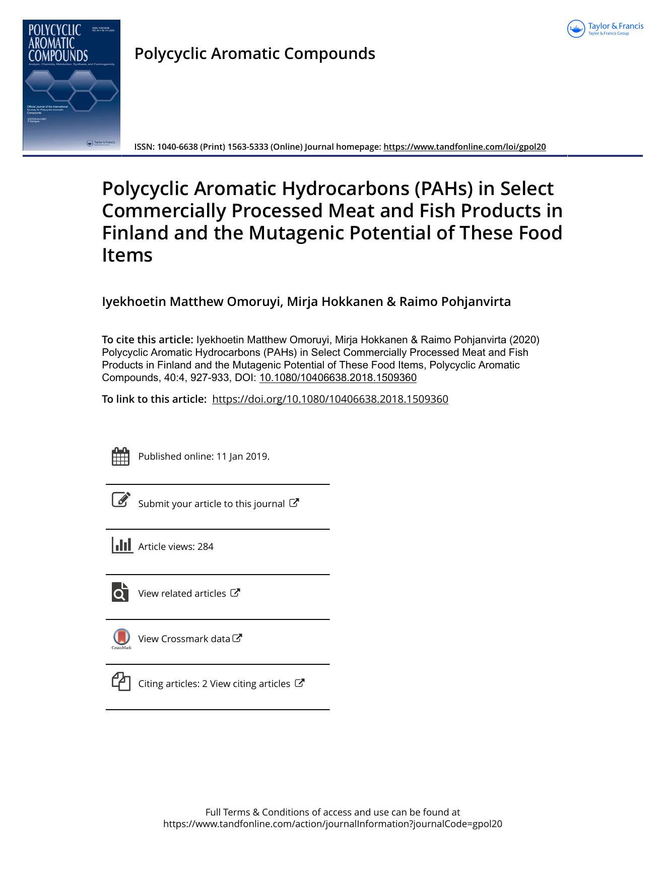 Polycyclic Aromatic Hydrocarbons (PAHs) in Select Commercially Processed Meat and Fish Products in Finland and the Mutagenic Potential of These Food Items by Matthew Omoruyi Iyekhoetin & Hokkanen Mirja & Pohjanvirta Raimo