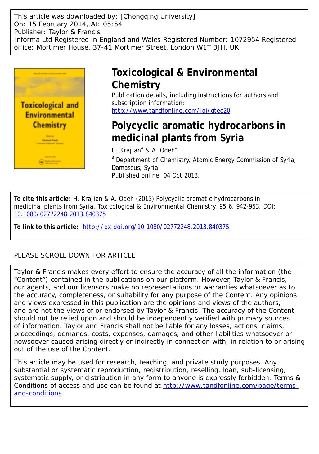 Polycyclic aromatic hydrocarbons in medicinal plants from Syria by H. Krajian & A. Odeh