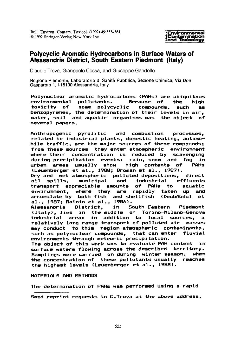 Polycyclic aromatic hydrocarbons in surface waters of alessandria district, South Eastern Piedmont (Italy) by Unknown