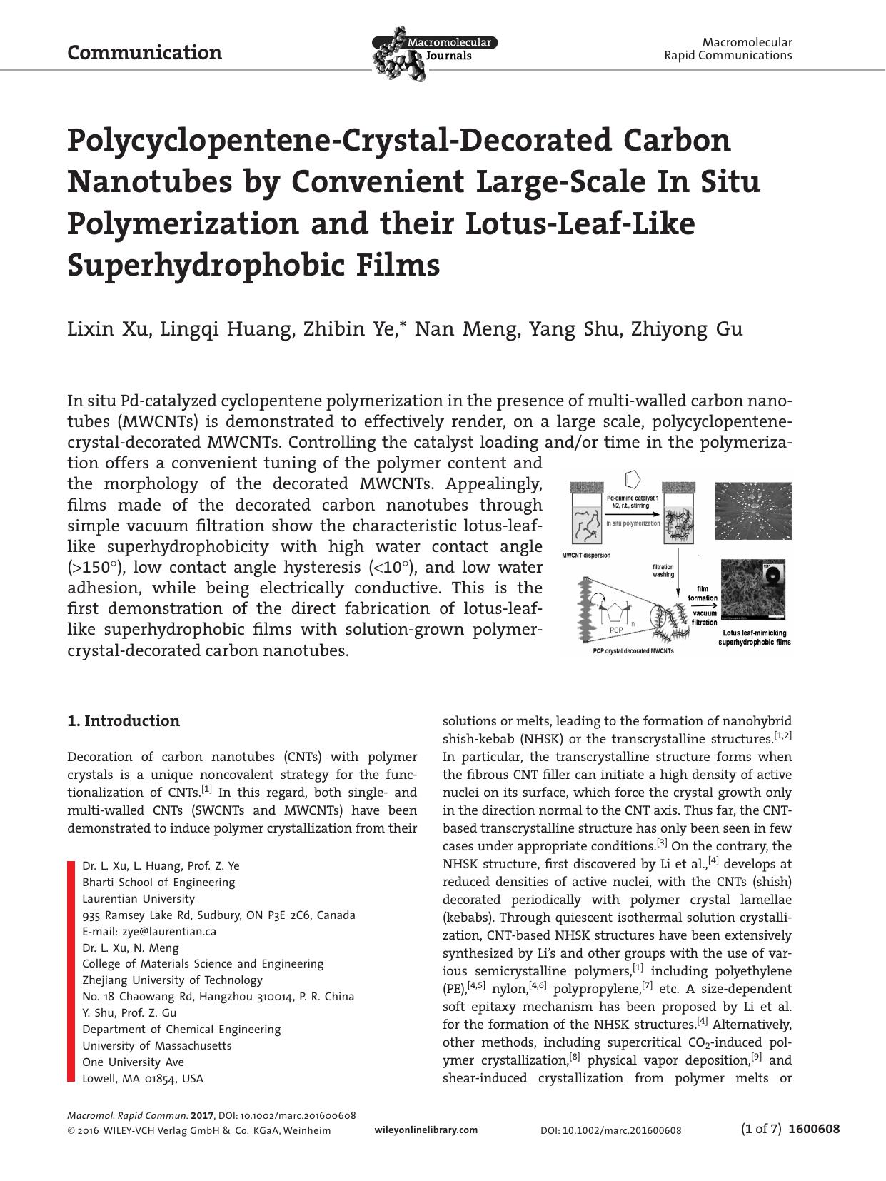 Polycyclopentene‐Crystal‐Decorated Carbon Nanotubes by Convenient Large‐Scale In Situ Polymerization and their Lotus‐Leaf‐Like Superhydrophobic Films by Unknown