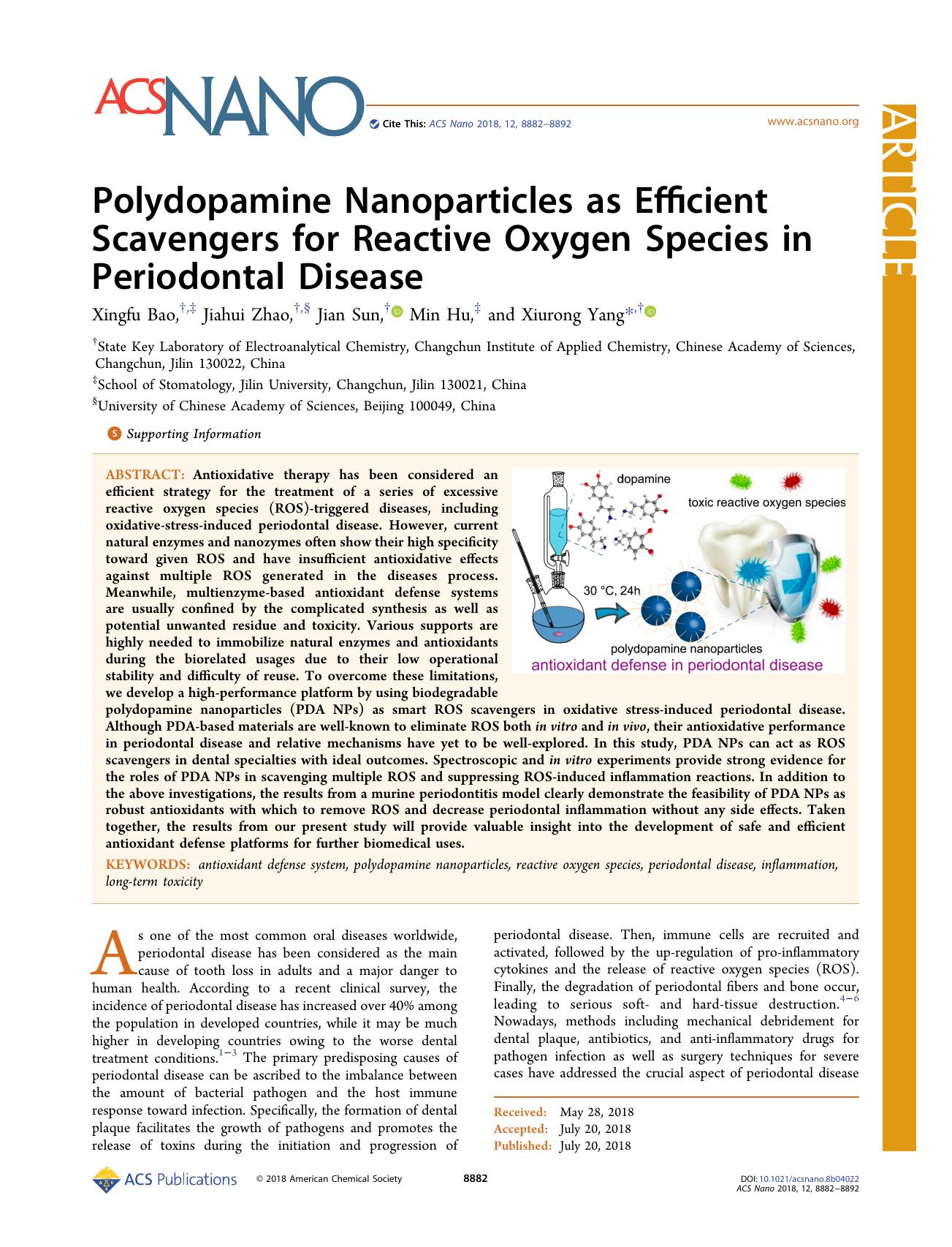 Polydopamine Nanoparticles as Efficient Scavengers for Reactive Oxygen Species in Periodontal Disease by Xingfu Bao Jiahui Zhao Jian Sun Min Hu and Xiurong Yang