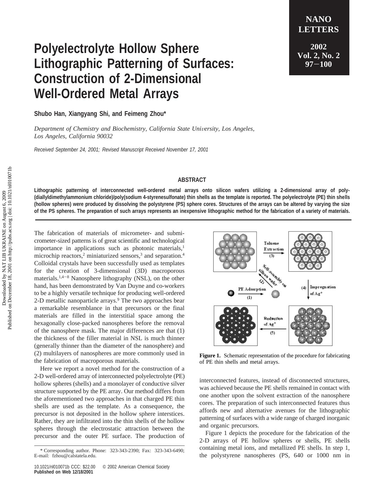 Polyelectrolyte Hollow Sphere Lithographic Patterning of Surfaces: Construction of 2-Dimensional Well-Ordered Metal Arrays by Shubo Han Xiangyang Shi & Feimeng Zhou*