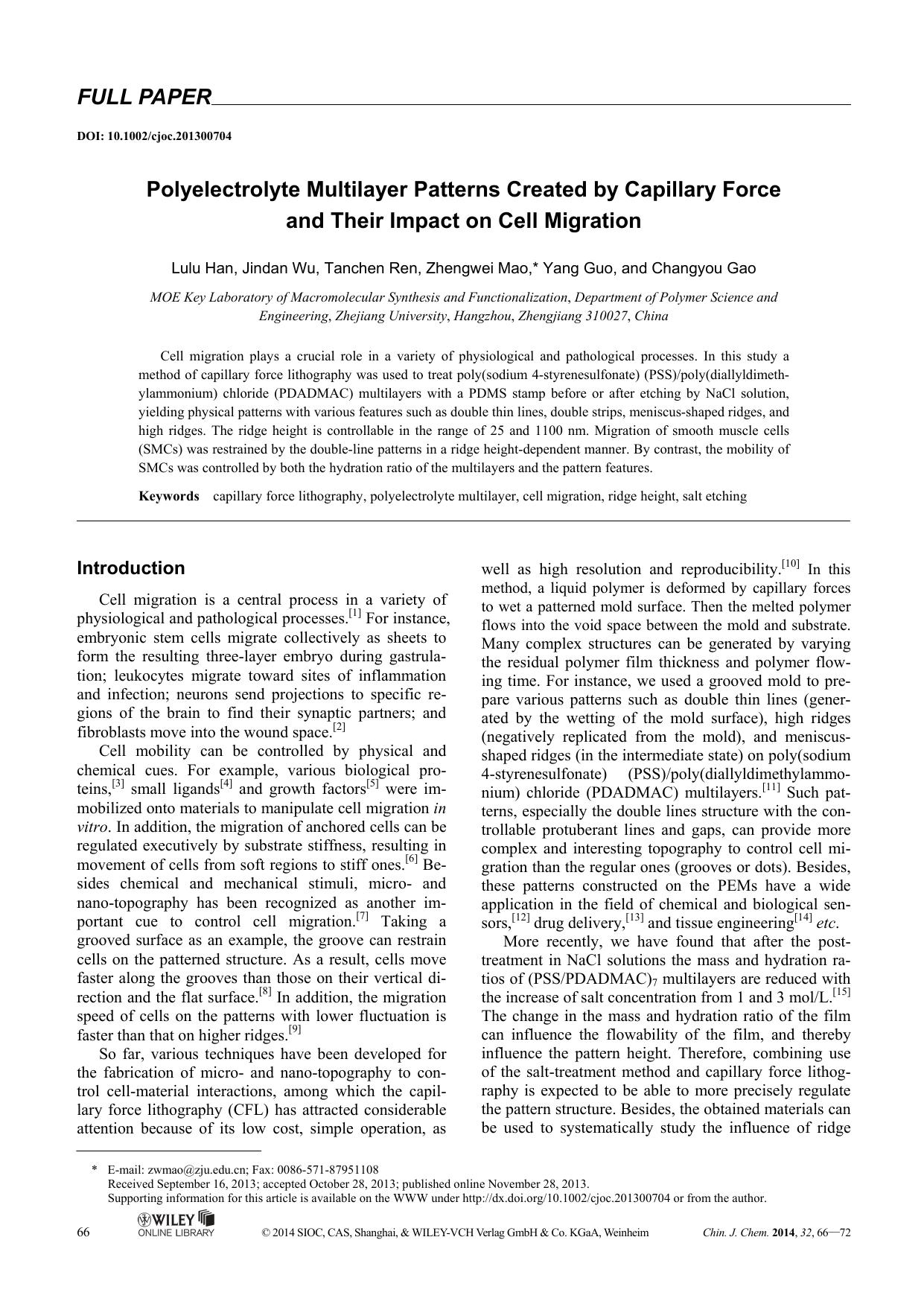 Polyelectrolyte Multilayer Patterns Created by Capillary Force and Their Impact on Cell Migration by Administrator