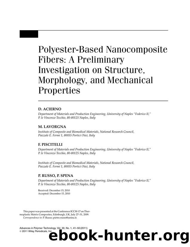 Polyesterbased nanocomposite fibers: A preliminary investigation on structure, morphology, and mechanical properties by s113TechBooks