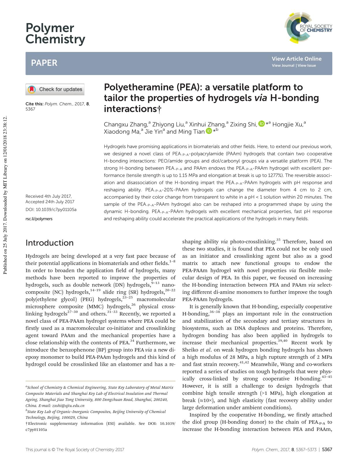 Polyetheramine (PEA): a versatile platform to tailor the properties of hydrogels via H-bonding interactions by Changxu Zhang Zhiyong Liu Xinhui Zhang Zixing Shi Hongjie Xu Xiaodong Ma Jie Yin Ming Tian