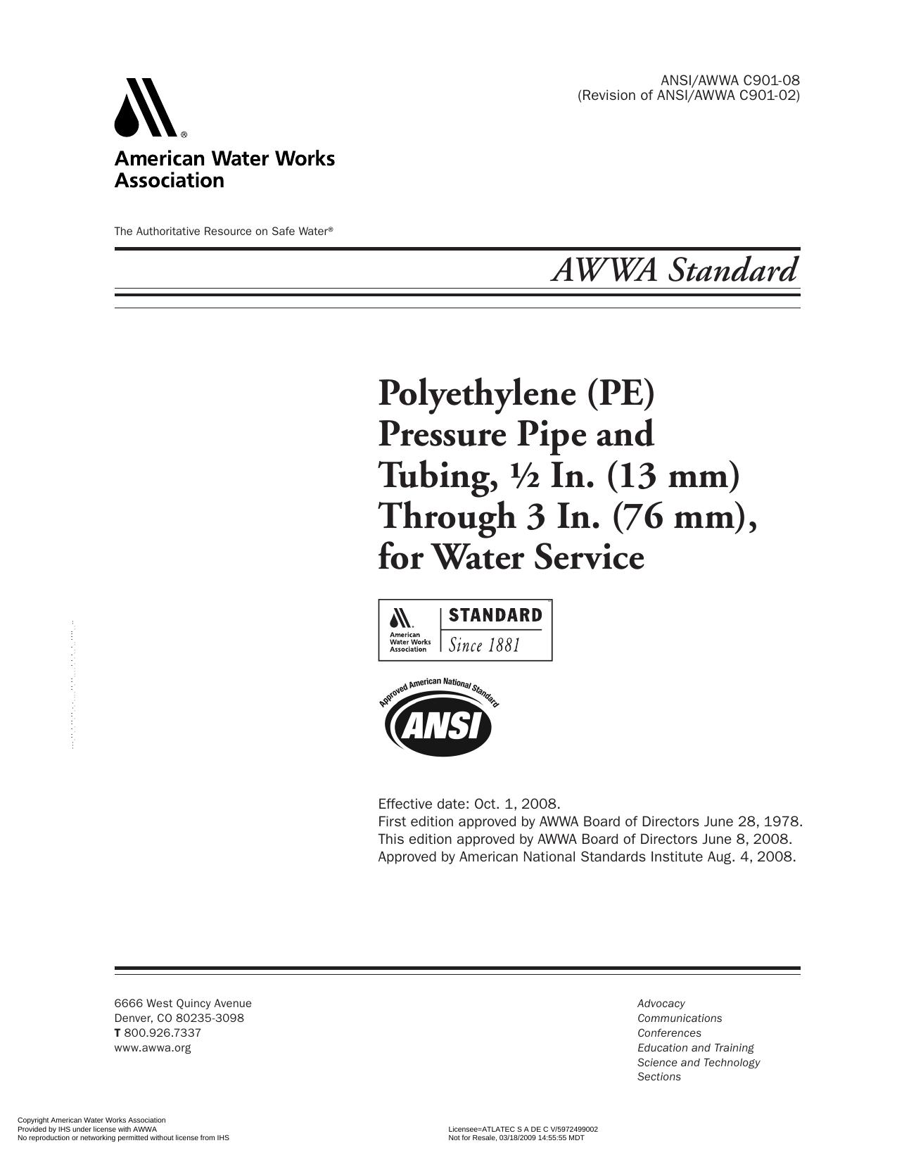 Polyethylene (PE) pressure pipe and tubing, 1 by American Water Works Association.; American National Standards Institute