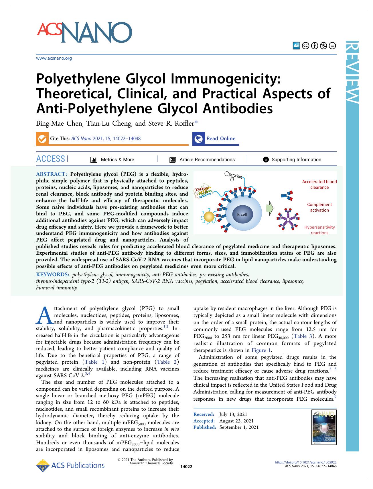 Polyethylene Glycol Immunogenicity: Theoretical, Clinical, and Practical Aspects of Anti-Polyethylene Glycol Antibodies by Bing-Mae Chen Tian-Lu Cheng and Steve R. Roffler