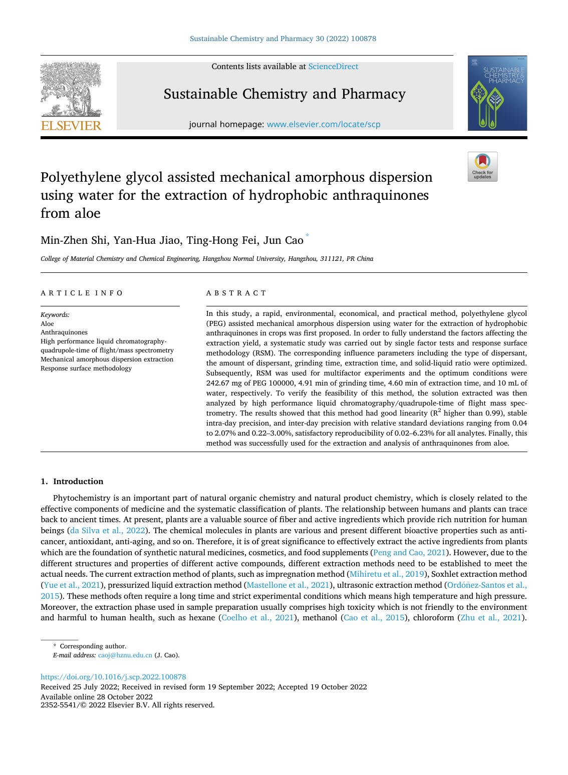 Polyethylene glycol assisted mechanical amorphous dispersion using water for the extraction of hydrophobic anthraquinones from aloe by Min-Zhen Shi