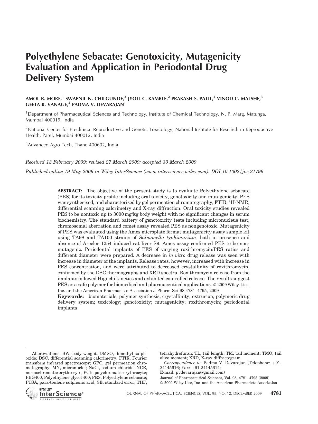 Polyethylene sebacate: Genotoxicity, mutagenicity evaluation and application in periodontal drug delivery system by Unknown
