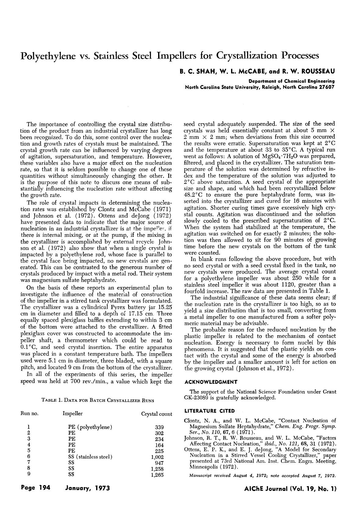 Polyethylene vs. stainless steel impellers for crystallization processes by Unknown