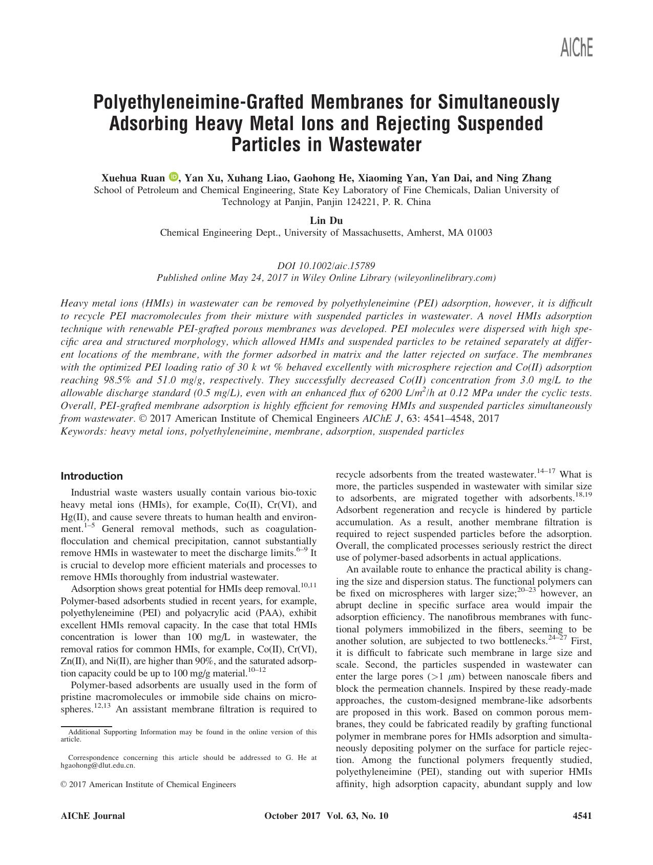 Polyethyleneimine&#8208;Grafted Membranes for Simultaneously Adsorbing Heavy Metal Ions and Rejecting Suspended Particles in Wastewater by Unknown
