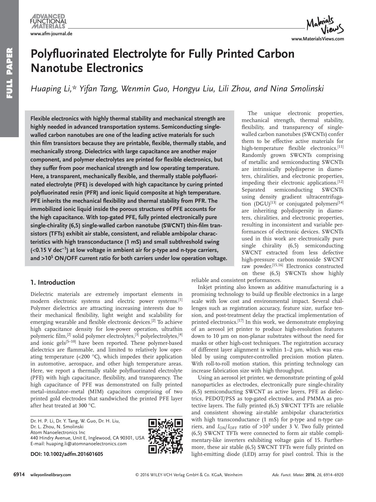 Polyfluorinated Electrolyte for Fully Printed Carbon Nanotube Electronics by Unknown