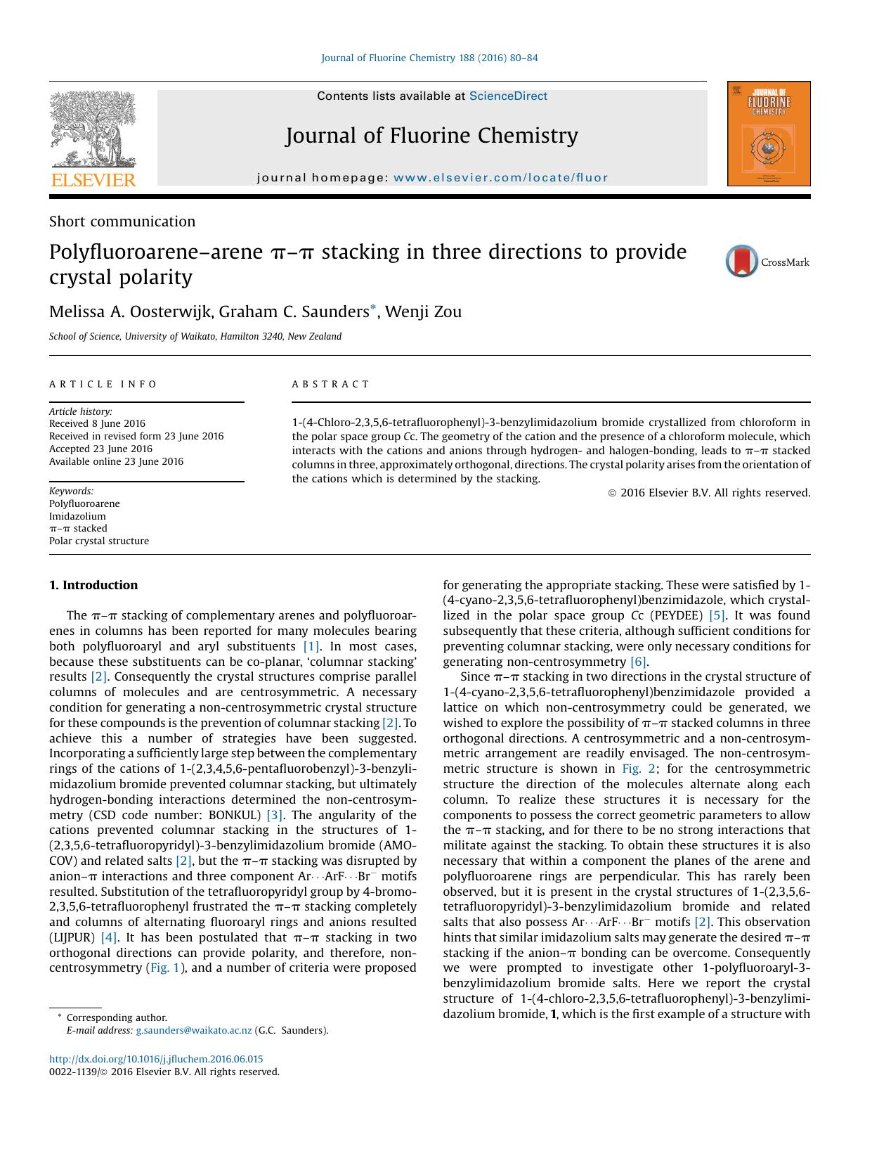 Polyfluoroareneâarene ÏâÏ stacking in three directions to provide crystal polarity by Melissa A. Oosterwijk & Graham C. Saunders & Wenji Zou