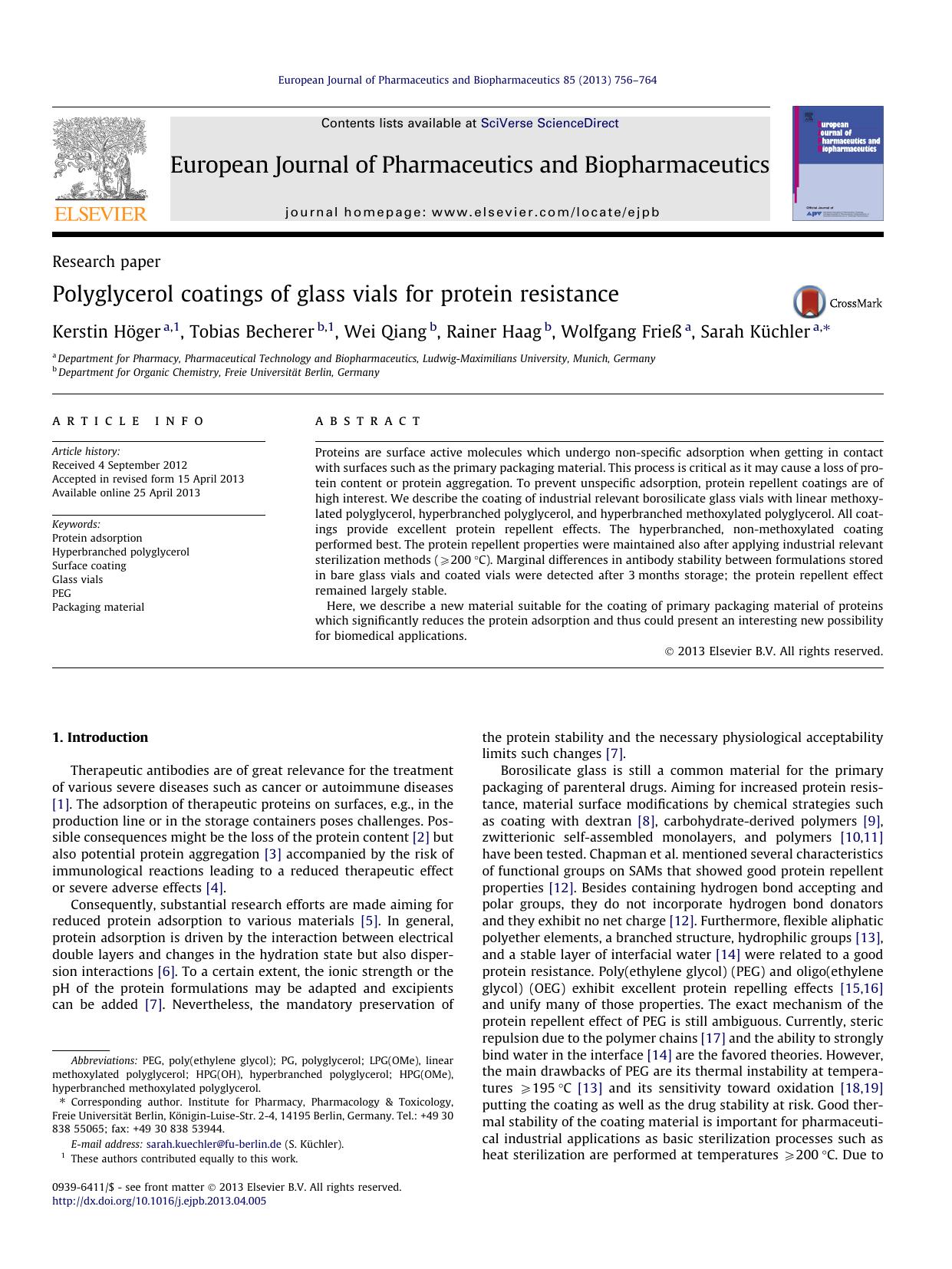Polyglycerol coatings of glass vials for protein resistance by Kerstin Höger & Tobias Becherer & Wei Qiang & Rainer Haag & Wolfgang Frieß & Sarah Küchler