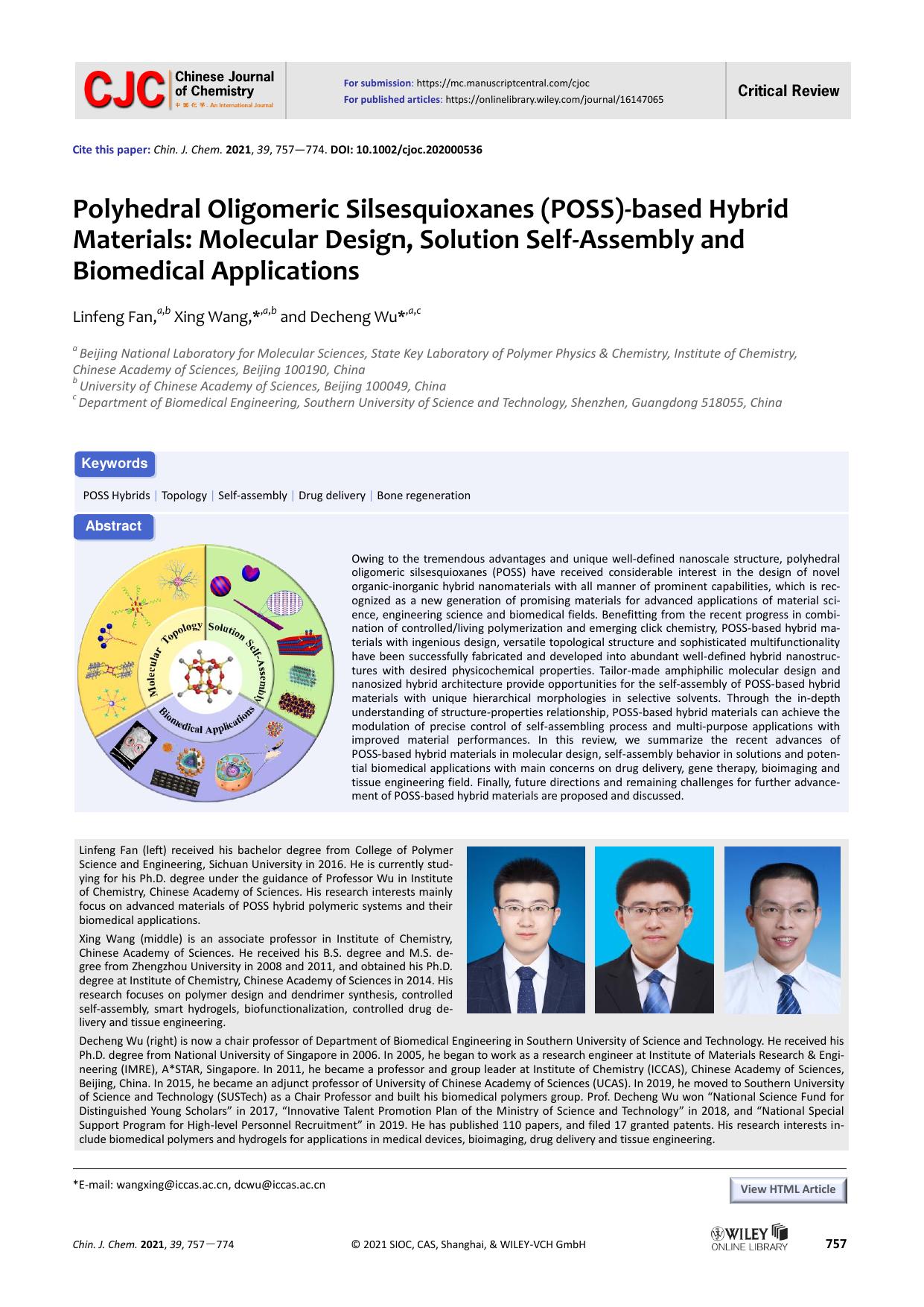 Polyhedral Oligomeric Silsesquioxanes (POSS)-based Hybrid Materials: Molecular Design, Solution Self-Assembly and Biomedical Applications by fan