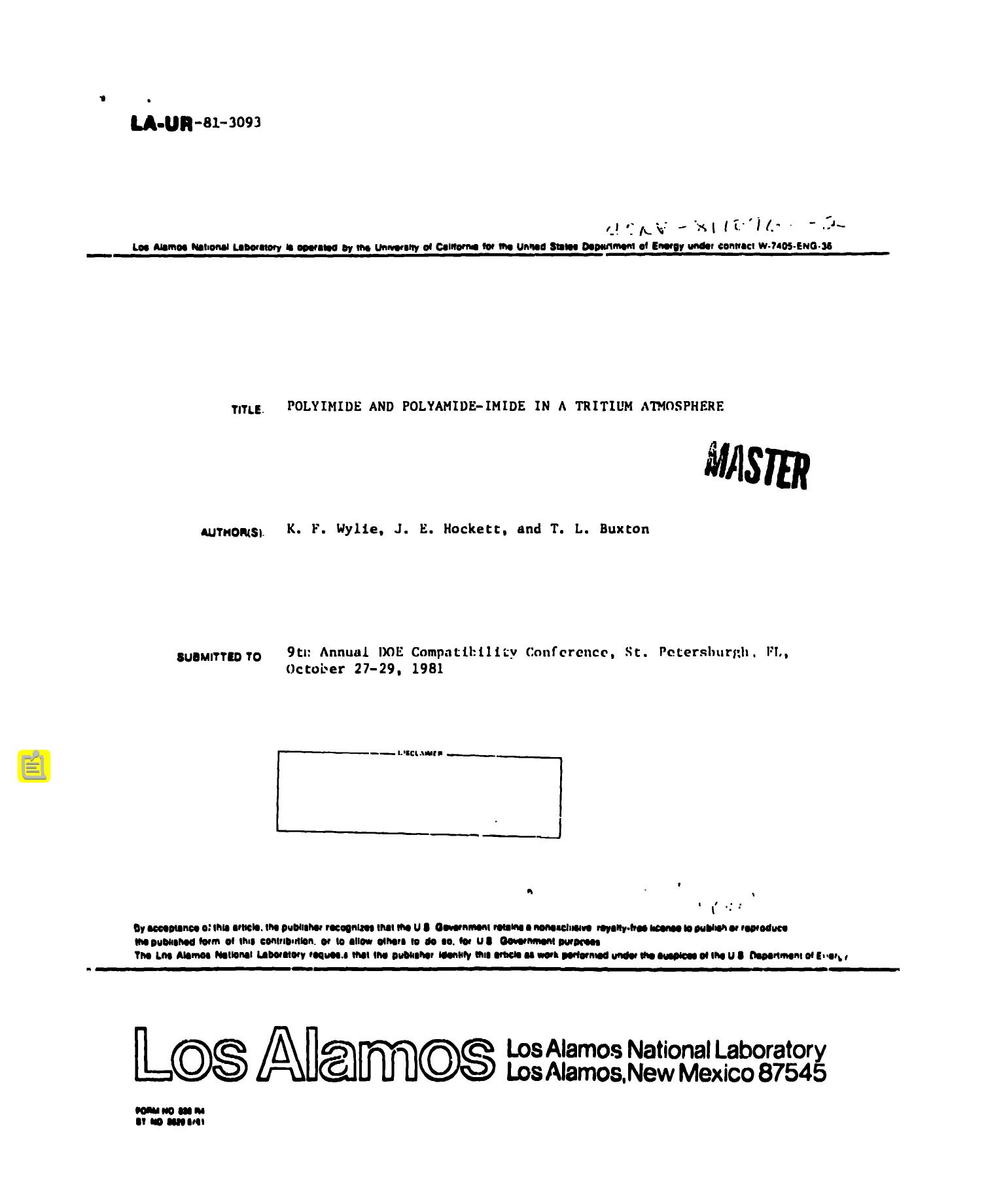 Polyimide and polyamide-imide in a tritium atmosphere None by LANL Research Library LWW Project
