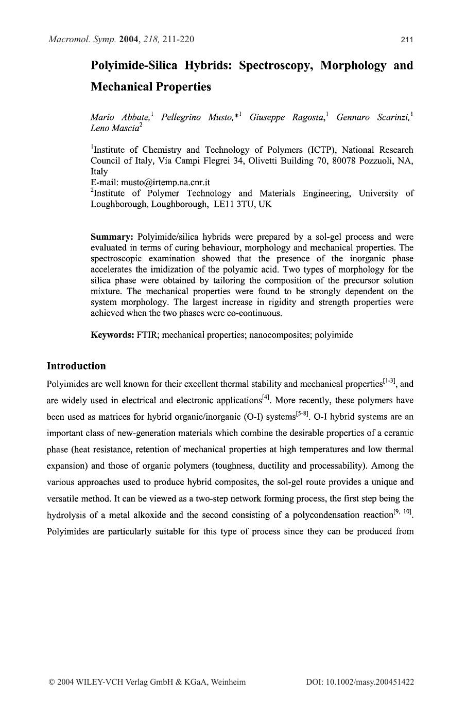 Polyimide-Silica Hybrids[colon] Spectroscopy[comma] Morphology and Mechanical Properties by Unknown