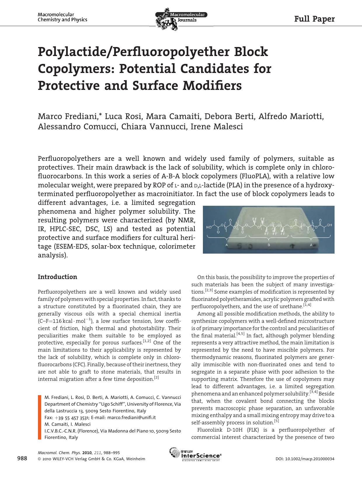 PolylactidePerfluoropolyether Block Copolymers: Potential Candidates for Protective and Surface Modifiers by unknow