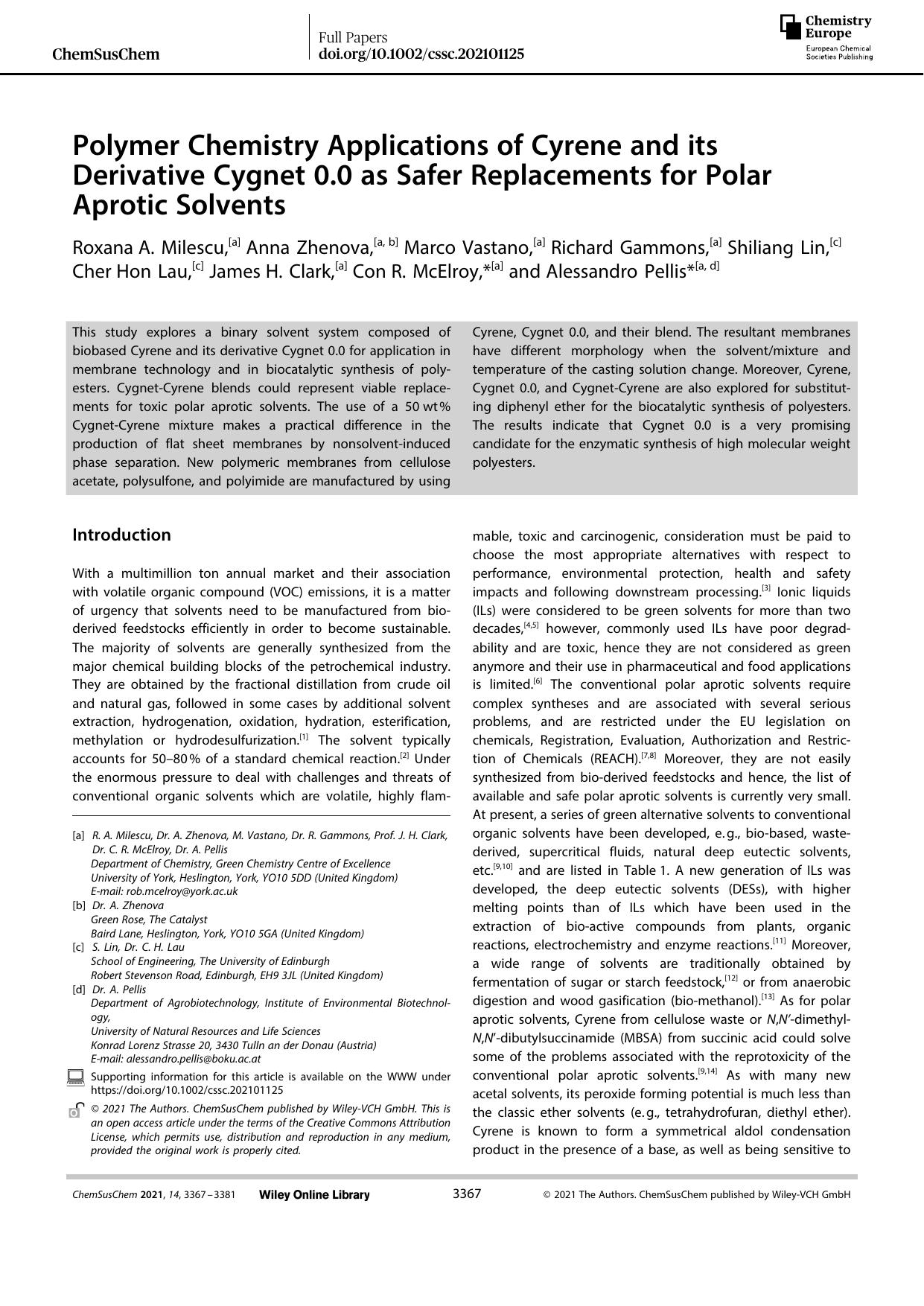 Polymer Chemistry Applications of Cyrene and its Derivative Cygnet 0.0 as Safer Replacements for Polar Aprotic Solvents by Unknown